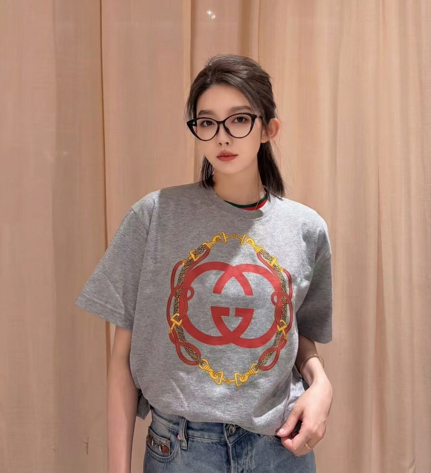 구찌 프린트 코튼 저지 티셔츠